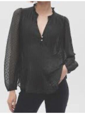 Gap Swiss Polka Dot Long Sleeve Sz XL Black Sheer Accordion Pleat Blouse